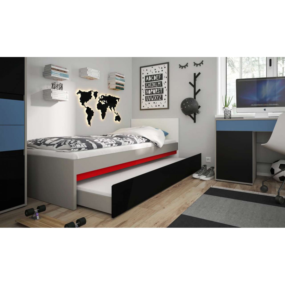 Łóżko do pokoju młodzieżowego szary platynowy, czarna perła / biała alpejska Laser 90cm LASZ01C